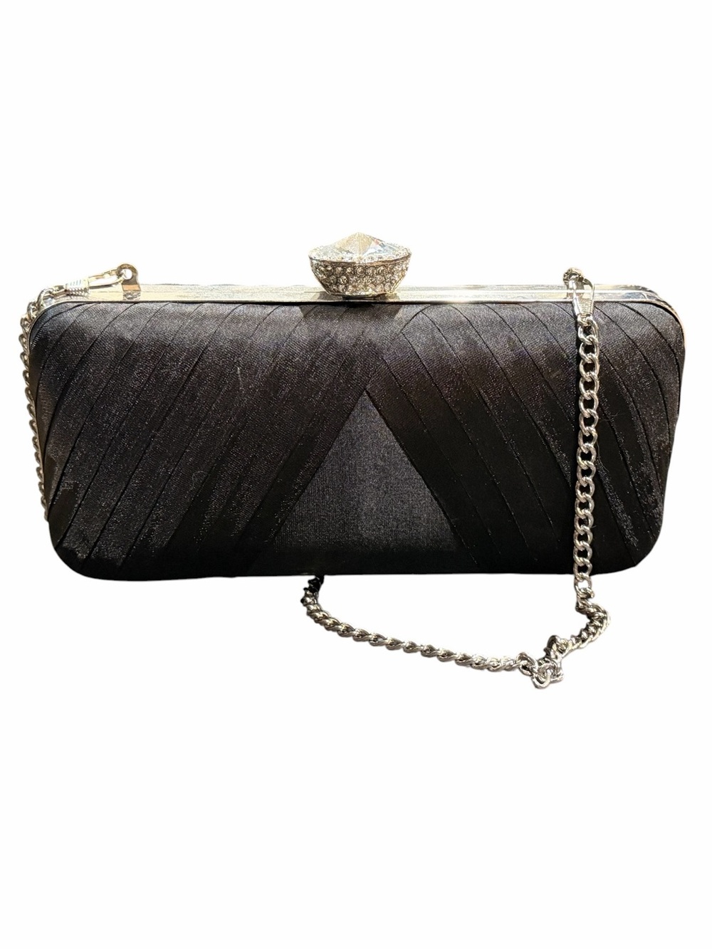 Black Satin Evening Clutch with Crystal Accent